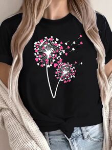 Women's Dandelion Cool Print Valentines Day T-Shirt, 220gsm Round Neck Casual Heavy Pure Cotton T-Shirt (1 PC)
