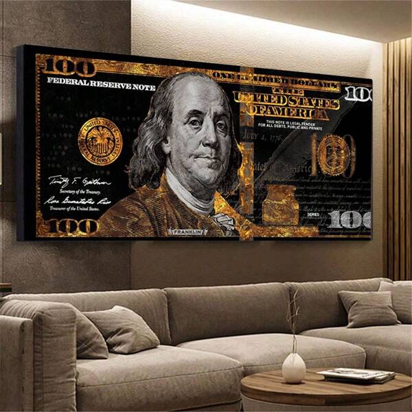 1 pieza, Obra de arte de pared con lámina de oro de 100 USD, US Dollar Currency vibrant en un estilo sofisticado para decoración de fiesta de soltero, lámina de oro con estilo estético gótico oscuro vintage, impresión de póster en lienzo minimalista, adecuado para decoración del hogar, carrito de bar, café, patio, regalo de cumpleaños, sala de estar, dormitorio, oficina en casa, cocina, baño, el regalo perfecto para tus amigos, decoración de pared de 20*40 pulgadas, sin marco
