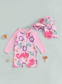 Toddler Girl Rash Guard Swimsuit Floral Print Long Sleeve Mock Neck Zipper Bathing Suit With Hat Set