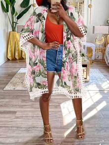 Plus Size Floral Print Side Split Open Front Cover Up Kimono, For Summer Beach Vacation - Multicolor - View 4