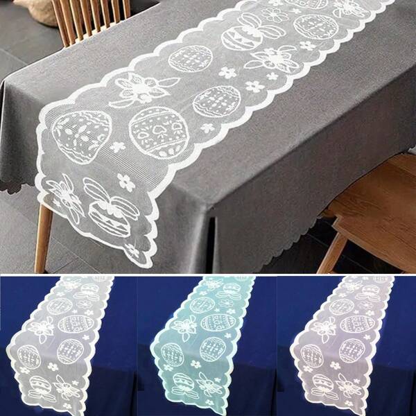 1 Stück Spitzen Oster Tischläufer 33X183cm Eier Blumen Muster Tischmittelpunkt Dekoration blau rosa weiß Tischdecke für Frühlings Oster Party Zubehör