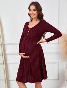 GoyRrbay Maternity Knit Ribbed Dress Casual V Neck Long Sleeve Midi Sweater Dress With Pocket Photoshoot Baby Shower - Burgundy - View 1