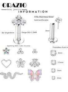 ORAZIO ORAZIO 1-8 Piezas Pendientes Helix de 16G para Mujeres, Aros para el Labio sin Rosca de Inserción, Aros para Tragus, Medusa, Concha, Monroe, Piercing y Joyería