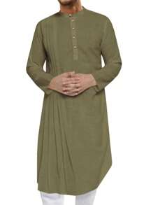 Runcati Men's Kaftan Thobe Cotton Linen Henley Shirt Long Sleeve Robe Casual Muslim Kurta Gown - xanh quân đội - Xem 2