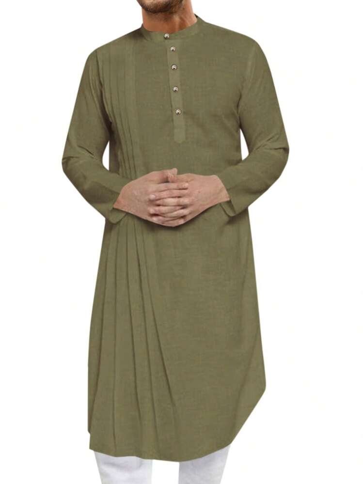 Runcati Men's Kaftan Thobe Cotton Linen Henley Shirt Long Sleeve Robe Casual Muslim Kurta Gown - Army Green - View 2