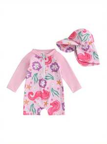 Toddler Girl Rash Guard Swimsuit Floral Print Long Sleeve Mock Neck Zipper Bathing Suit With Hat Set