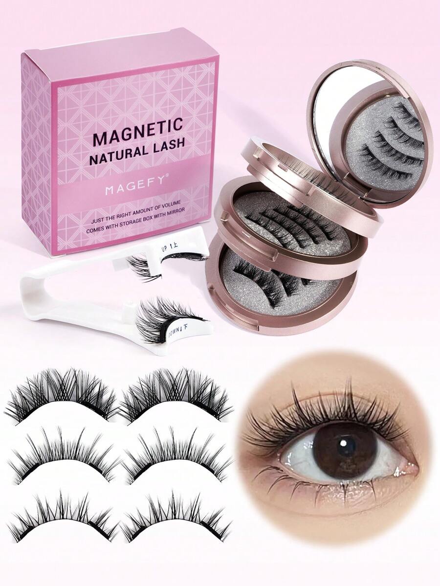 3 Pairs Magnetic False Eyelashes Kit With Mirror & Applicator Glue-Free Eyelashes Natural Manga Eyelashes Cat Eye Fluffy Faux Mink Eye Lashes With Tweezers Makeup Tool For Beauty Travel - 黑色 - 查看 1