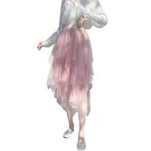 2025 Women's Sexy Solid Color Mesh Skirt, Irregular Elastic Tulle Bubble Skirt, Daily Life And Vacation - 粉色 - 查看 4
