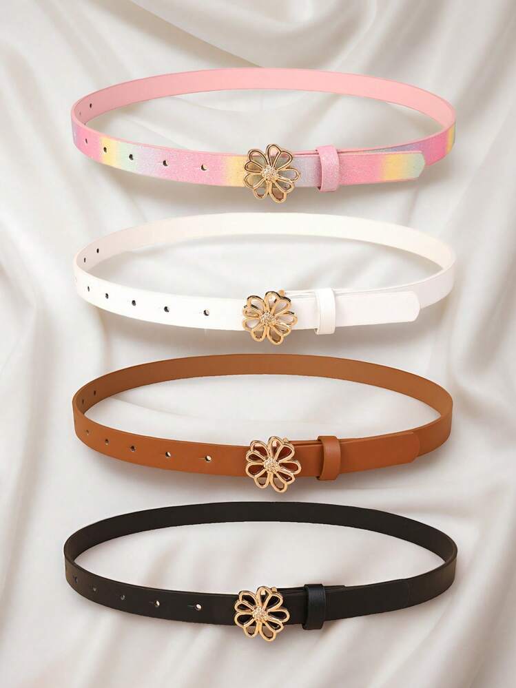 4pcs Kids New Style Flower Buckle Skinny Waist Belt, High Quality PU Waistband For Jeans, Dresses, Student Accessories - one-size - View 3