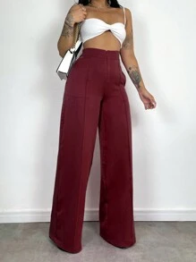 Women's Skinny Pants, High Waist, Wide Leg, Sophisticated, Blogger, Elegant - 酒紅色 - 查看 1