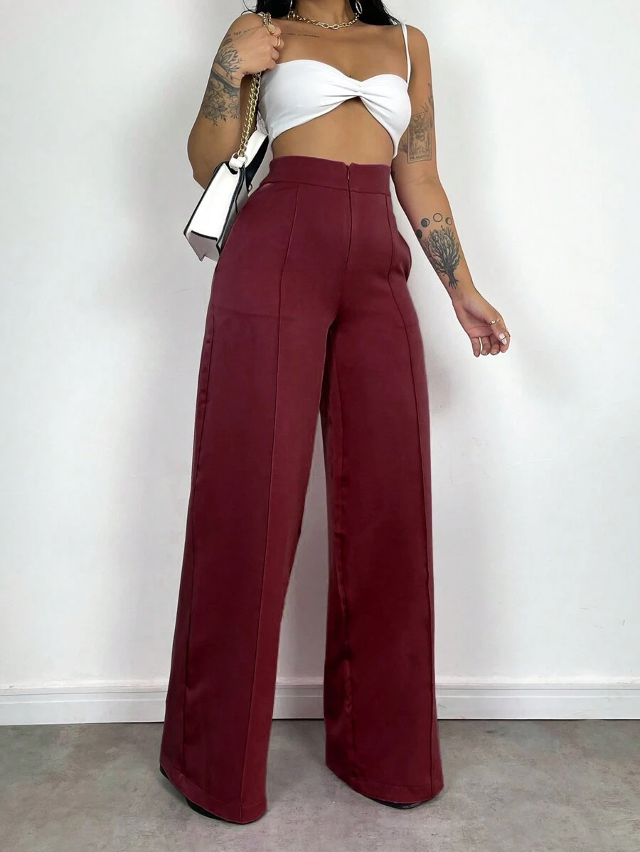 Women's Skinny Pants, High Waist, Wide Leg, Sophisticated, Blogger, Elegant - 酒紅色 - 查看 1