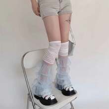 Calentadores de piernas para mujer con volantes de encaje y retazos, calcetines largos hasta el muslo, cubrebotas para ropa de calle - Azul perla - Ver 5