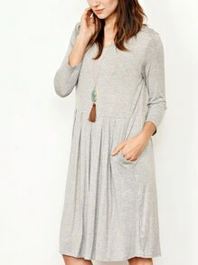 Boho Retro Rayon Cool Soft Summer Cuff Short Sleeve Crew Neck T Shirt Mini Dress Tunic With Pockets - 淺灰色 - 查看 3