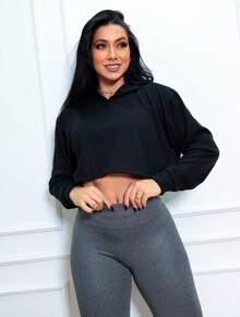 Women's Cropped Hooded Long Sleeve Fleece Autumn - màu đen - Xem 1