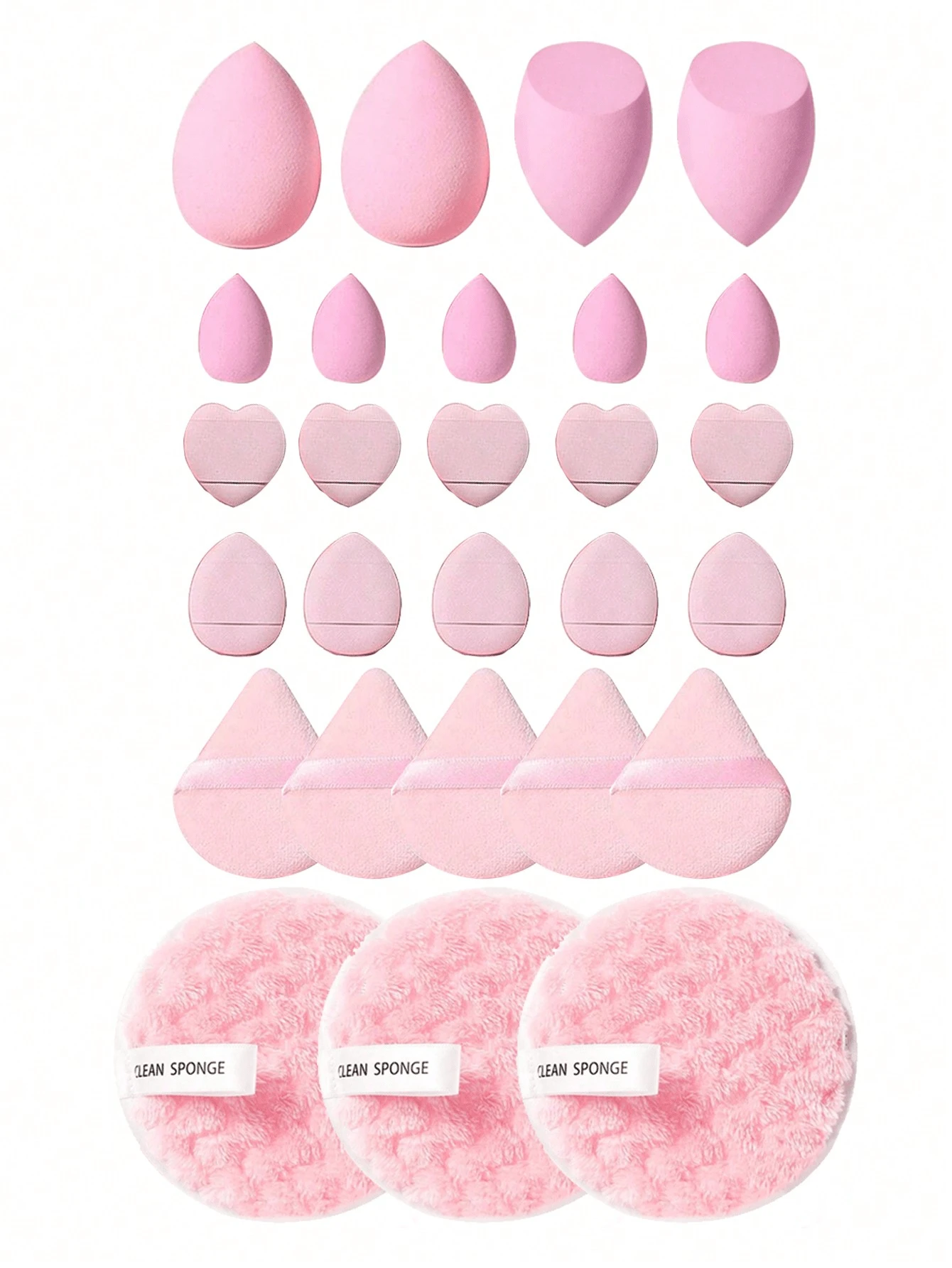 1/27件粉色化妆海绵套装，可重复使用化妆粉扑，化妆工具套装，美妆蛋，包含：2个化妆头带，1个卸妆头带，5个化妆海绵，2个化妆粉扑，12个迷你化妆粉扑，5个三角形化妆粉扑，5个迷你美妆蛋，3片卸妆棉，便携式旅行化妆工具包，赠品，旅行，平价好物，旅行必备