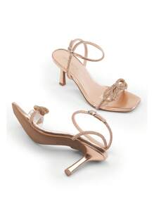 Women Double Bowknots Heeled Sandals Open Square Toe Ankle Strap Crystal Rhinestone Dress Sandals For Party Wedding - Rượu sâm banh - Xem 5
