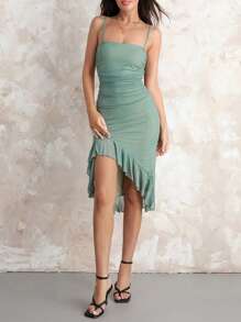 Women Summer Midi Cami Dress Sleeveless Backless Irregular Ruffle Hem Ruched Dress - Green - View 3