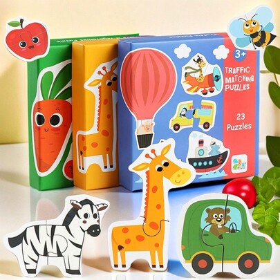 1 Box mit Kindern Puzzle-Spielzeug, Tiere, Verkehrsmittel, Früchte, Gemüse, einfache Holz Frühpädagogik Lernpuzzles