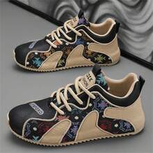 Men's New Printed & Embroidered Chunky Sneakers, Soft Bottom Versatile Casual Sports Anti-Slip Skate Shoes, All Season