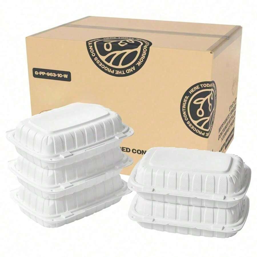 9"X6"X3" MFPP White Hinged Container With Lid 1 Compartment (Case Of 200) - 9x6x3-1 Compartment - View 1