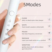 1pc Electric Toothbrush, 3 Replaceable Brush Heads, USB Charging, 5 Cleaning Modes, 1 Set Includes Bathroom Wall-Mounted Toothbrush Holder Storage Rack, Travel Toothbrush Dust Cover, Protects Oral Health, For Adult Use - 白色 - 查看 2