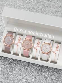 Bộ 6 sản phẩm/Bộ thắt lưng nữ + Đồng hồ thạch anh mặt số họa tiết cổ điển + Vòng tay kết hợp, Không bao gồm hộp đựng đồng hồ - Nhiều màu - Xem 1
