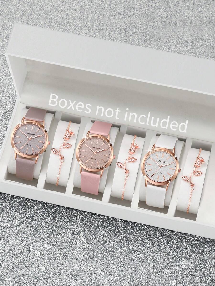 Bộ 6 sản phẩm/Bộ thắt lưng nữ + Đồng hồ thạch anh mặt số họa tiết cổ điển + Vòng tay kết hợp, Không bao gồm hộp đựng đồng hồ - Nhiều màu - Xem 1