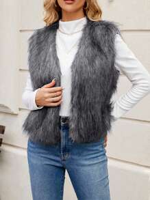 Women Faux Fur Vest, Sleeveless Open Front Solid Outwear Gilet For Casual Street - Dark Grey - View 1