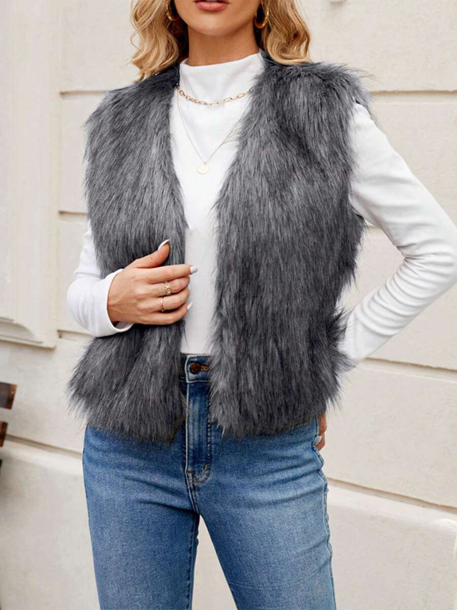 Women Faux Fur Vest, Sleeveless Open Front Solid Outwear Gilet For Casual Street - Dark Grey - View 1