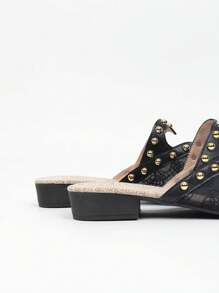 Grün & Gold dekorativer Knopf quadratische Zehenkappe flacher Absatz Slip-On Mules für Frauen, atmungsaktive geschlossene Zehenkappe rückenfreie Slides, Spitzennetzstoff für Kleider, flache ausgestellte Sandalen für den Sommer - Schwarz - Übersicht 5
