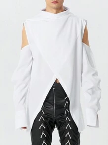 INCERUN Fashion Mens Stand Neck Cut Out Off-Shoulder Long Sleeve Tops Asymmetric Hem Casual Loose Shirt Blouse - 白色 - 查看 2
