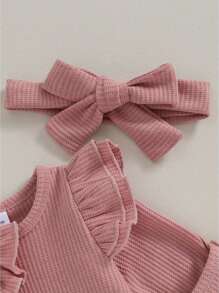 Mono de otoño para niña pequeña, color liso, cuello redondo, mangas voladoras, volantes, cremallera, mono con lazo en la cabeza - Rosa - Ver 6