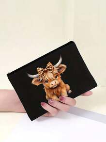 黑色亚麻手提包套装，饰以高地奶牛印花，适合婚礼、生日、海滩、度假等场合——是送给女性、母亲、教师、朋友、伴娘、学生以及返校季的完美礼物。