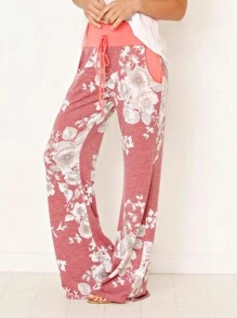 Boho Retro 90's Style Stripe Floral Drawstring Fold Over Band Wide Leg Lounge Pants - Red - View 3