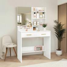 HEXCELEN Dressing Table With Mirror, Dressing Table With 4 Open Shelves And 2 Compartments, Dressing Table With 2 Drawers, For Bedroom, Living Room - White - View 3