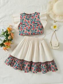 年轻女孩 2 件套夏季服装荷叶边花卉上衣 + 几何花卉下摆裙子，休闲服套装 - 米色 - 查看 1