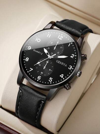 1 pieza Conjunto de cinturón y reloj de pulsera de cuarzo de moda casual para hombres, diseño de esfera minimalista (solo reloj, sin estuche incluido)