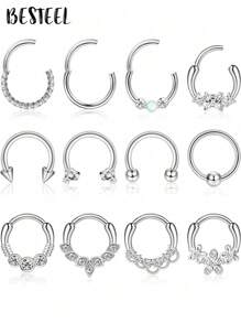 BESTEEL 1PC 16G Septum Clicker Inel din oțel inoxidabil 316L Septum Inel CZ Opal Cartilage Helix Tragus Hoop Cercei Daith Segment cu balamale Clicker Inel Zirconiu Inele pentru nas Cerc 10MM Bijuterii piercing nas