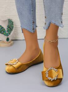 Elegant Round Toe Flat Shoes, Slip-On Fashion Bowknot Accent Ladies Shoes Fit For Everyday Wear, Spring/Autumn, Plus Size 36-43, Random Pattern - Golden Velvet-wreath Buckle - View 5