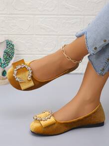 Elegant Round Toe Flat Shoes, Slip-On Fashion Bowknot Accent Ladies Shoes Fit For Everyday Wear, Spring/Autumn, Plus Size 36-43, Random Pattern - Golden Velvet-wreath Buckle - View 3