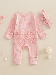 Baby Girl Spring Fall Winter Clothes Newborn Baby Girl Hospital Going Home Outfit Ribbed Footed Romper Bow Print Long Sleeve Full Length Ruffle Zipper Footie Jumpsuit Headband - Pink - View 6