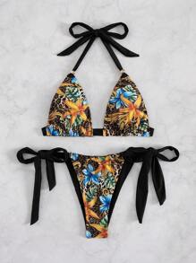 Set de 2 piezas Nuevo bikini de mujer con estampado floral tipo halter, estilo europeo y americano, para vacaciones de verano en la playa