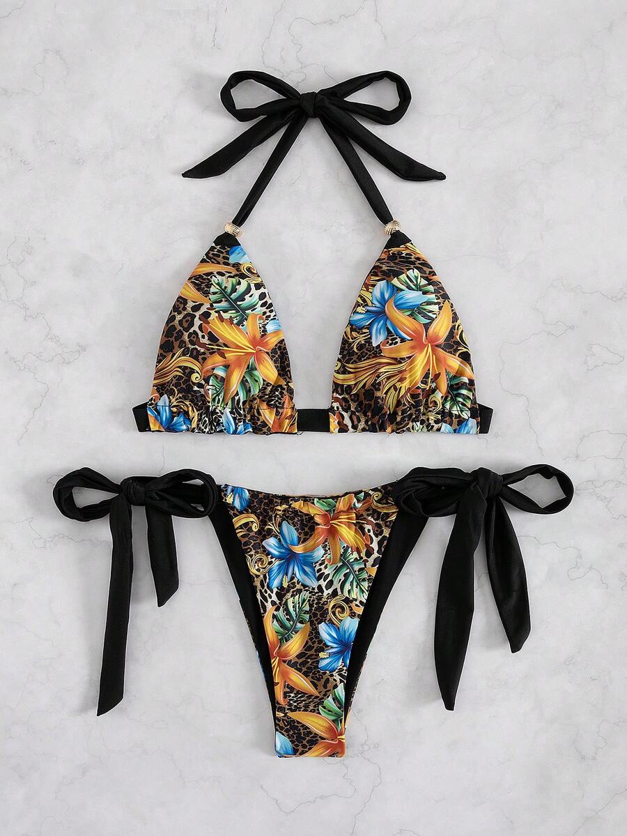 Set de 2 piezas Nuevo bikini de mujer con estampado floral tipo halter, estilo europeo y americano, para vacaciones de verano en la playa