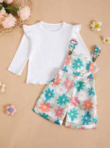 Baby Girl White Top + Colorful Floral Print Overalls Shorts Set, Cute Casual Outdoor Sports Outfit
