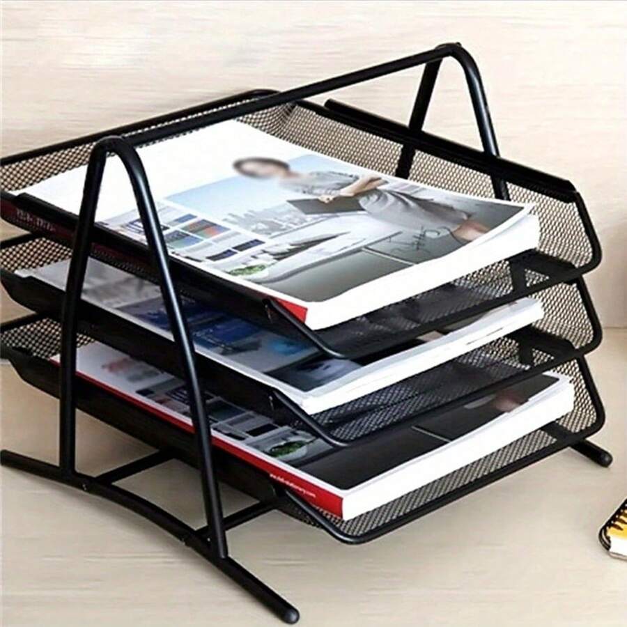 Mesh Desk Organiser 3 Tier Letter Tray Stackable Mesh File Holder Office A4 Filing Desktop Document Storage For Home Office (Black) - Black - View 1