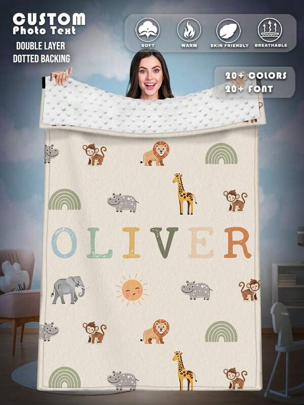 1pc Custom Double Layer Dotted Backing Blanket For Bed, Multipurpose Living Room Sofa Outdoor Beach Camping Pet, Personalized Family/Pet/Couple Text Printed Bedding Blanket, Personalized Christmas Gifts, Family Gift, Birthday Gifts, Gift For Friend, Gift For Her, Gift For Son/Daughter