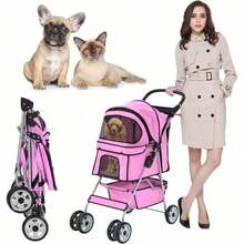 4 Wheels Travel Stroller Pet Stroller Dog Cat Pushchair Trolley Puppy Jogger Folding Carrier Carriage With Storage Basket For Small Medium Dogs & Cats- Pink
