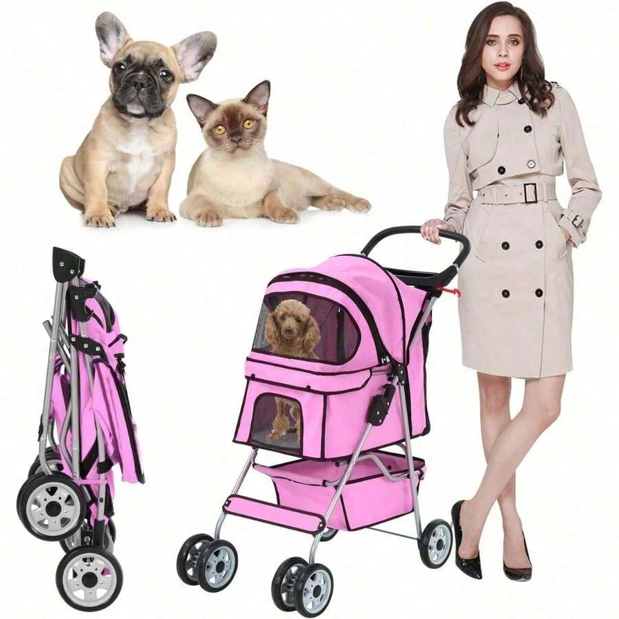 4 Wheels Travel Stroller Pet Stroller Dog Cat Pushchair Trolley Puppy Jogger Folding Carrier Carriage With Storage Basket For Small Medium Dogs & Cats- Pink