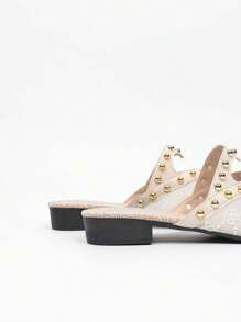 Green & Gold Decor Square Toe Slip-On Low Heel Flat Sandals For Women, Mesh Breathable Closed Toe Mules, Lace Net Fabric, Wear With Dresses, Casual Summer Slippers