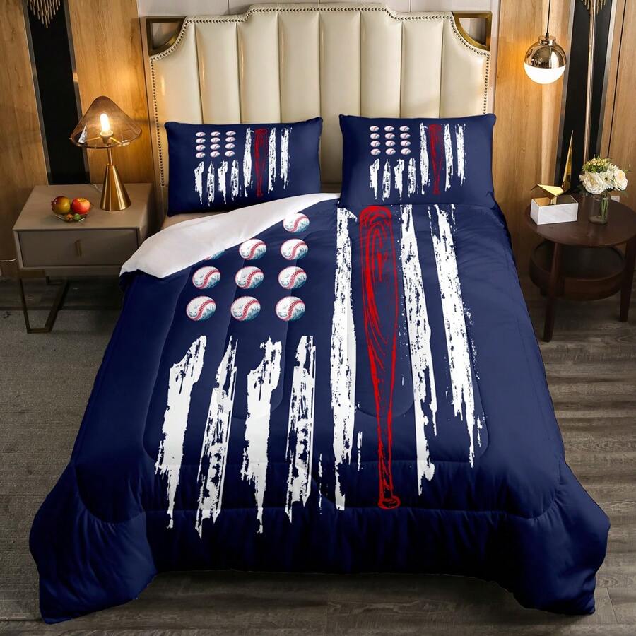 American Flag Bedding Set,Men Baseball Comforter Set Twin/Full/Queen/King Size Vintage American Flag Composed Of Cartoon Baseball And Watercolor Stripes Duvet Sets For Adult Bedroom Decor,Navy White Castle Fairy Baseball Comforter Set,Creative Abstract Retro Flag Bedding Bedroom Decor,(Navy Red White),Twin Only 1 Pillowcase,Full/Queen/King Size 2 Pillowcases
